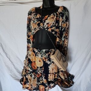 Floral Cutout two piece set (top and skirt) outfit with crossbody bag